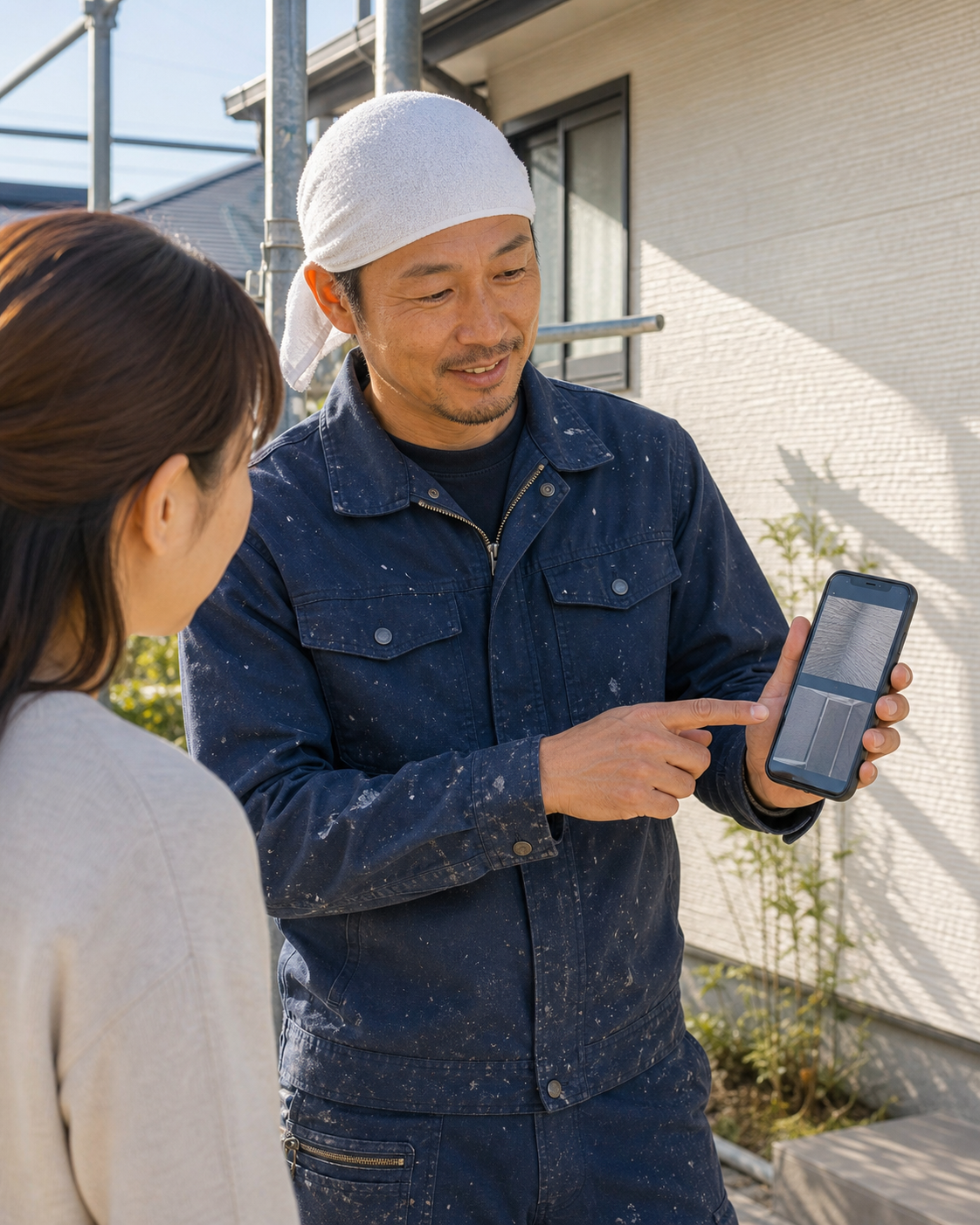 職人が外壁の写真を確認して説明している様子
